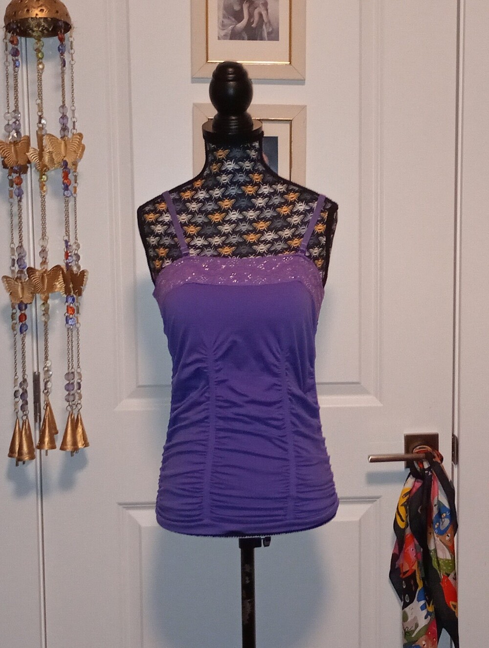 Purple Biani cami top with sparkly lace detailing and adjustable straps
